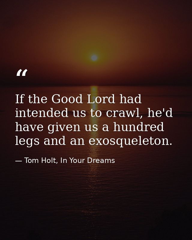 If the Good Lord had intended us to crawl, he'd have given us a hundred legs and an exosqueleton. — Tom Holt, In Your Dreams