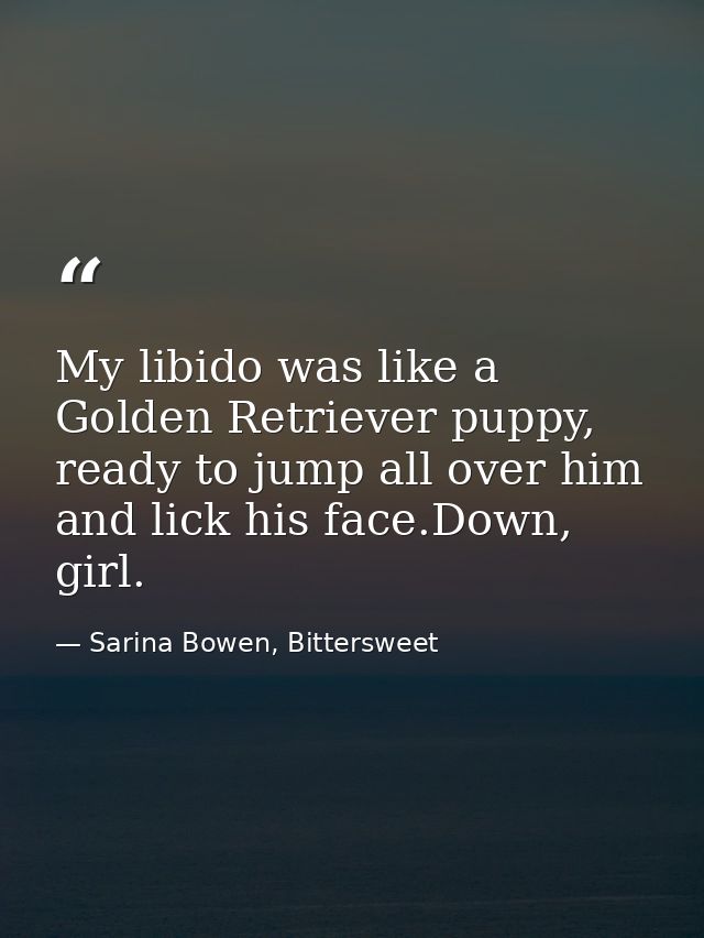 My libido was like a Golden Retriever puppy, ready to jump all over him and lick his face.Down, girl. — Sarina Bowen, Bittersweet