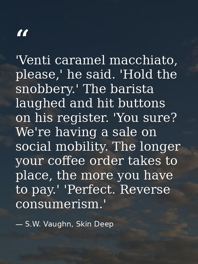 'Venti caramel macchiato, please,' he said. 'Hold the snobbery.' The barista laughed and hit buttons on his register. 'Y — S.W. Vaughn, Skin Deep