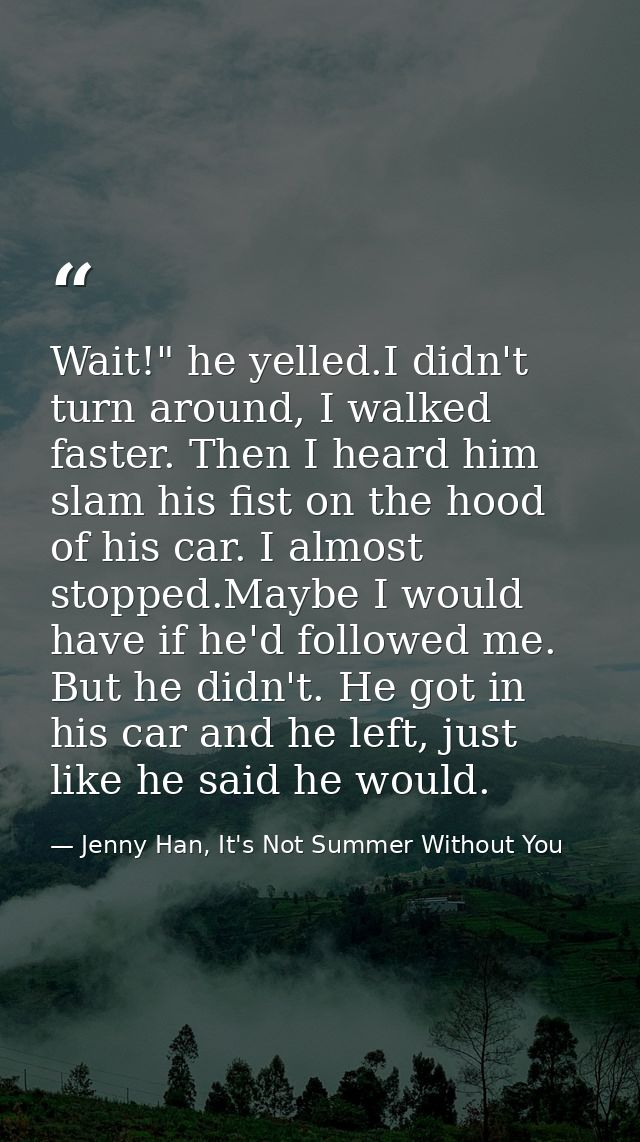 Wait!" he yelled.I didn't turn around, I walked faster. Then I heard him slam his fist on the hood of his car. I almost  — Jenny Han, It's Not Summer Without You