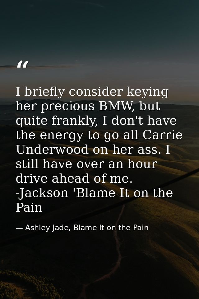 I briefly consider keying her precious BMW, but quite frankly, I don't have the energy to go all Carrie Underwood on her — Ashley Jade, Blame It on the Pain