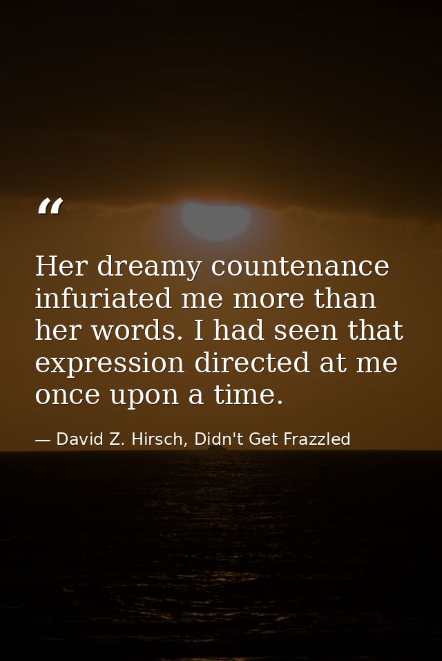 Her dreamy countenance infuriated me more than her words. I had seen that expression directed at me once upon a time. — David Z. Hirsch, Didn't Get Frazzled