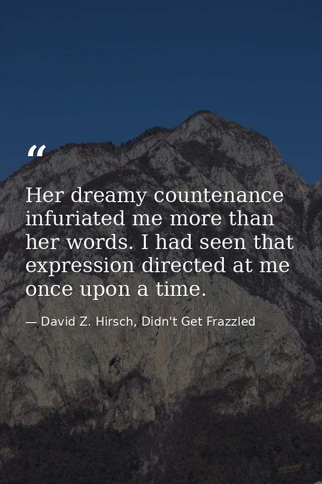Her dreamy countenance infuriated me more than her words. I had seen that expression directed at me once upon a time. — David Z. Hirsch, Didn't Get Frazzled