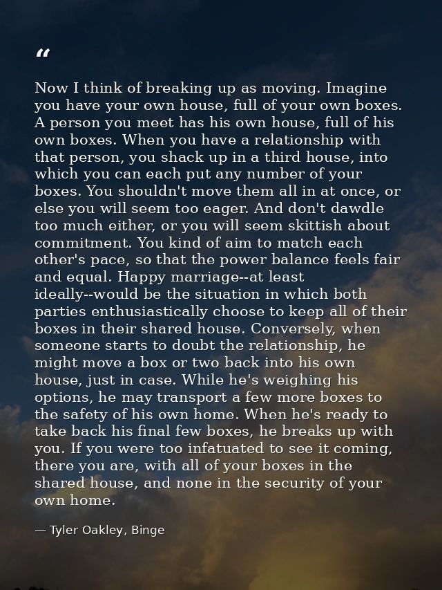 Now I think of breaking up as moving. Imagine you have your own house, full of your own boxes. A person you meet has his — Tyler Oakley, Binge