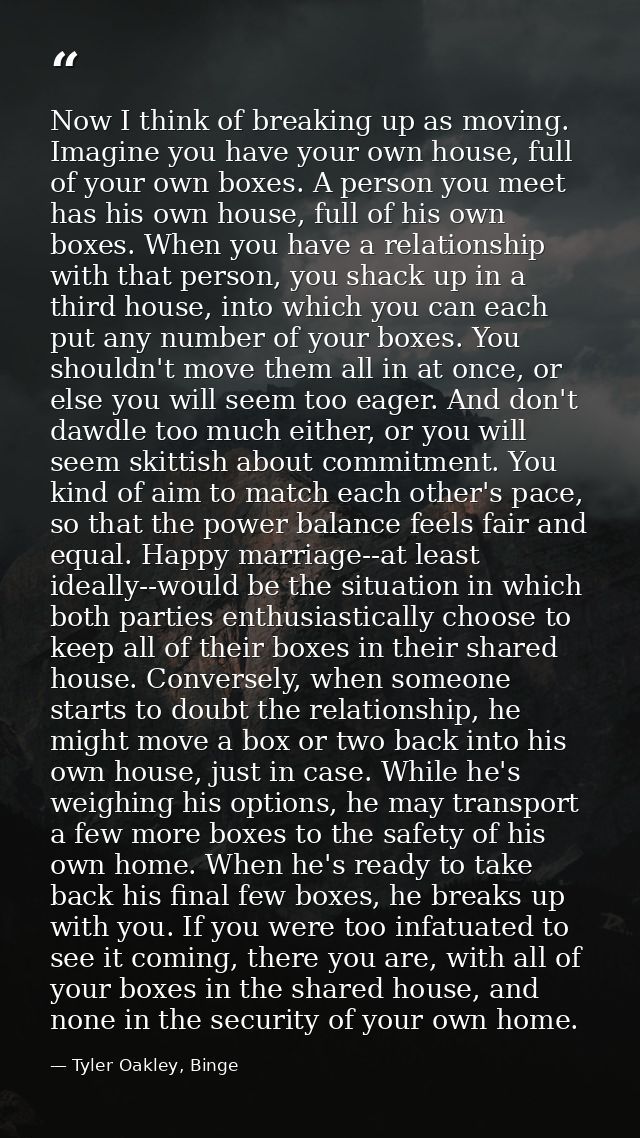 Now I think of breaking up as moving. Imagine you have your own house, full of your own boxes. A person you meet has his — Tyler Oakley, Binge