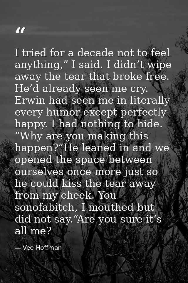 I tried for a decade not to feel anything,” I said. I didn’t wipe away the tear that broke free. He’d already seen me cr — Vee Hoffman