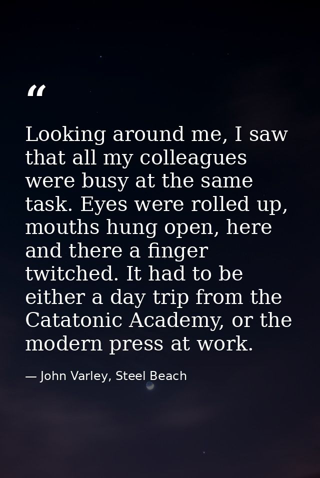 Looking around me, I saw that all my colleagues were busy at the same task. Eyes were rolled up, mouths hung open, here  — John Varley, Steel Beach
