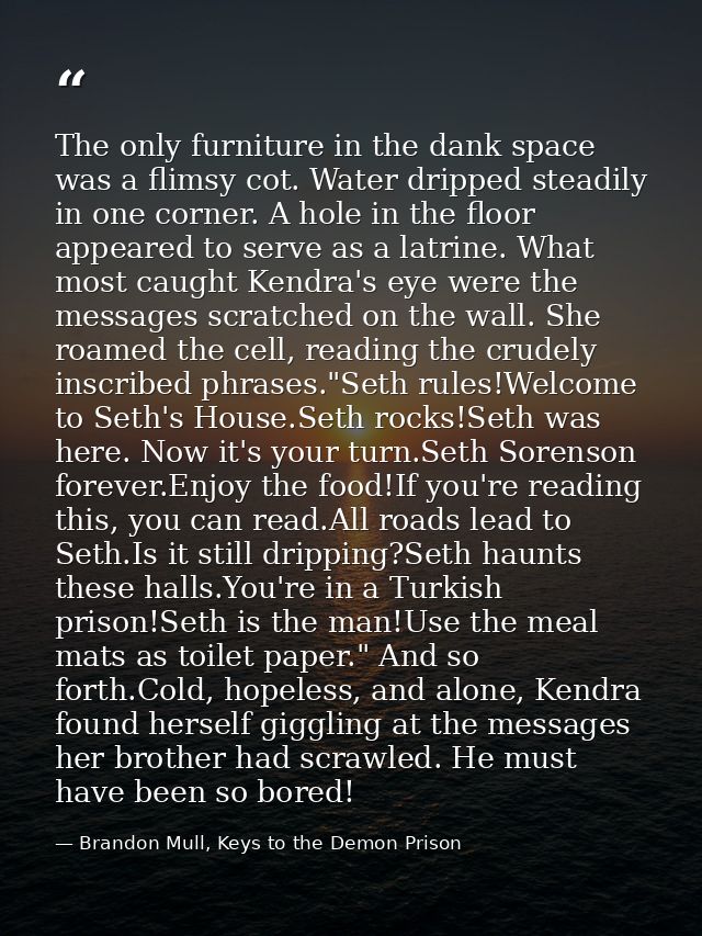 The only furniture in the dank space was a flimsy cot. Water dripped steadily in one corner. A hole in the floor appeare — Brandon Mull, Keys to the Demon Prison