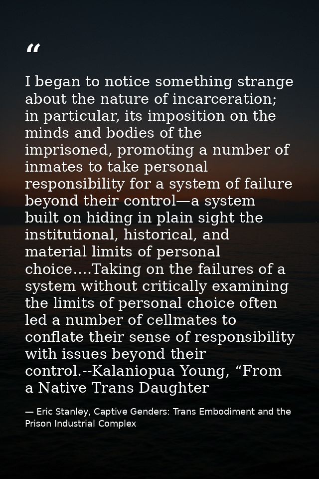 I began to notice something strange about the nature of incarceration; in particular, its imposition on the minds and bo — Eric Stanley, Captive Genders: Trans Embodiment and the Prison Industrial Complex