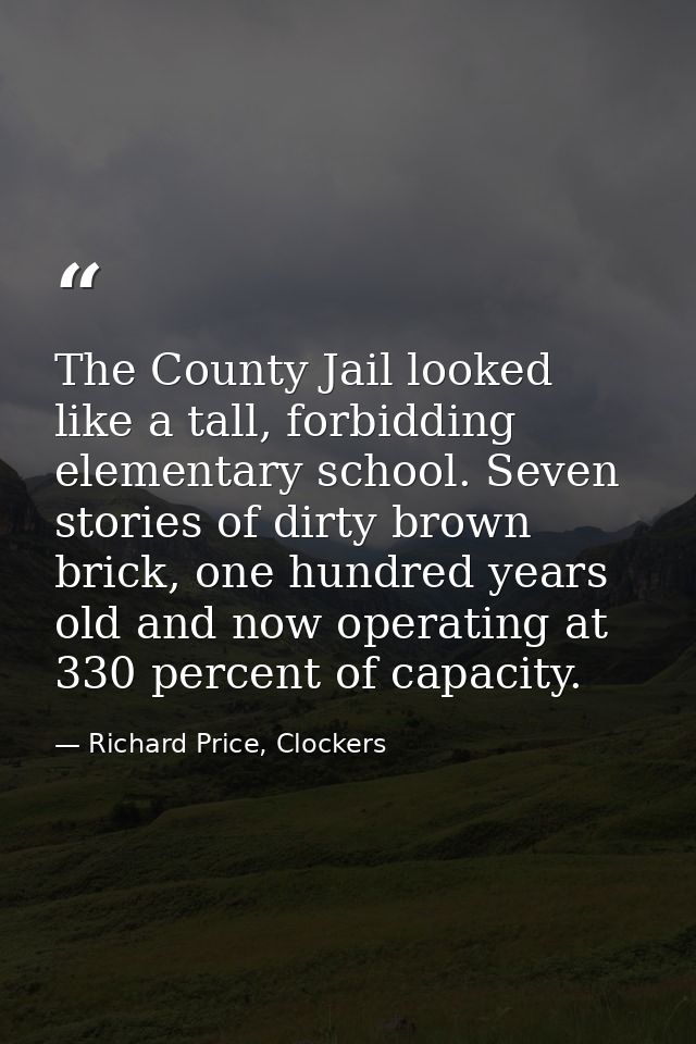 The County Jail looked like a tall, forbidding elementary school. Seven stories of dirty brown brick, one hundred years  — Richard Price, Clockers