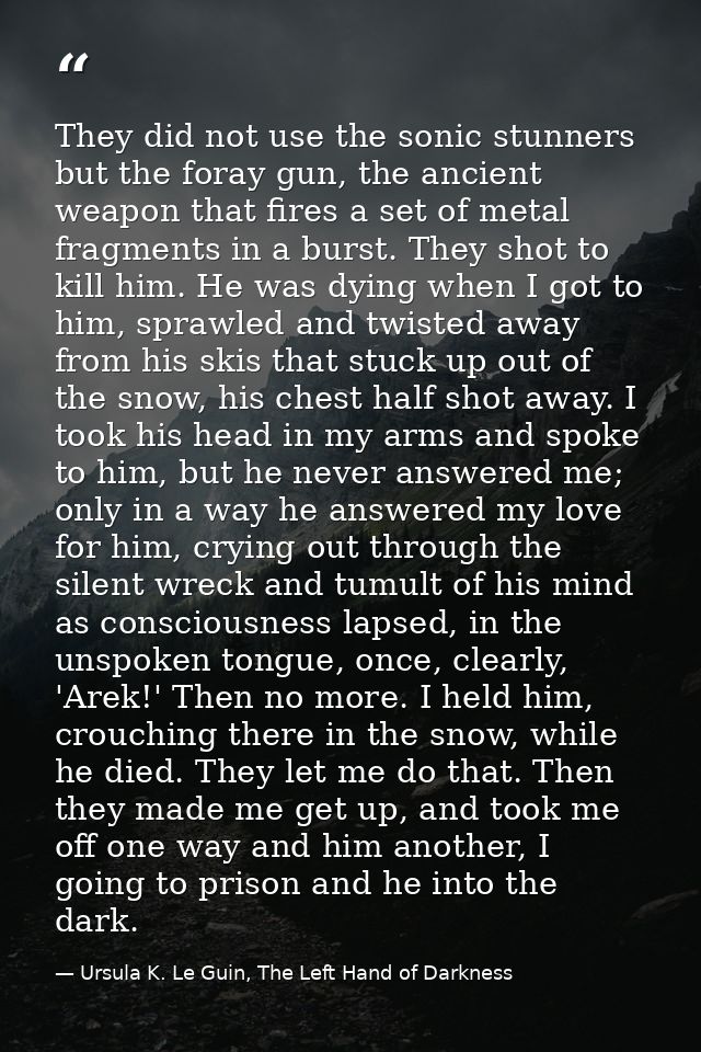 They did not use the sonic stunners but the foray gun, the ancient weapon that fires a set of metal fragments in a burst — Ursula K. Le Guin, The Left Hand of Darkness