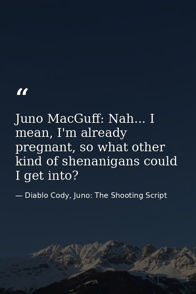 Juno MacGuff: Nah... I mean, I'm already pregnant, so what other kind of shenanigans could I get into? — Diablo Cody, Juno: The Shooting Script