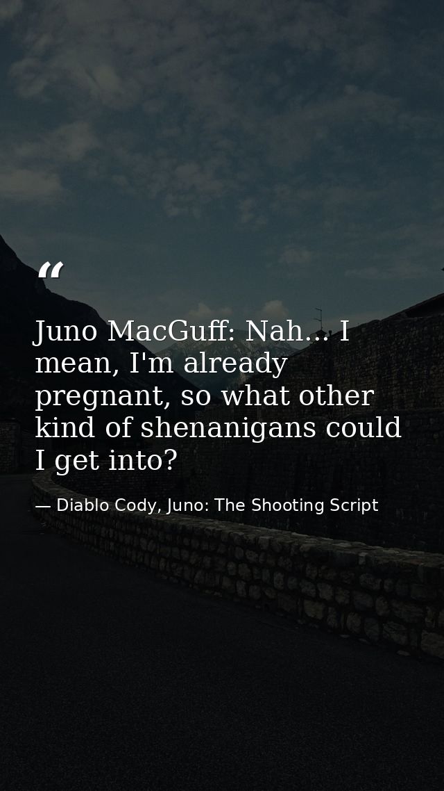 Juno MacGuff: Nah... I mean, I'm already pregnant, so what other kind of shenanigans could I get into? — Diablo Cody, Juno: The Shooting Script