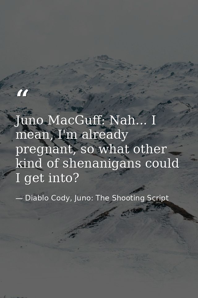 Juno MacGuff: Nah... I mean, I'm already pregnant, so what other kind of shenanigans could I get into? — Diablo Cody, Juno: The Shooting Script