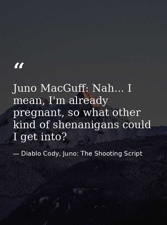 Juno MacGuff: Nah... I mean, I'm already pregnant, so what other kind of shenanigans could I get into? — Diablo Cody, Juno: The Shooting Script