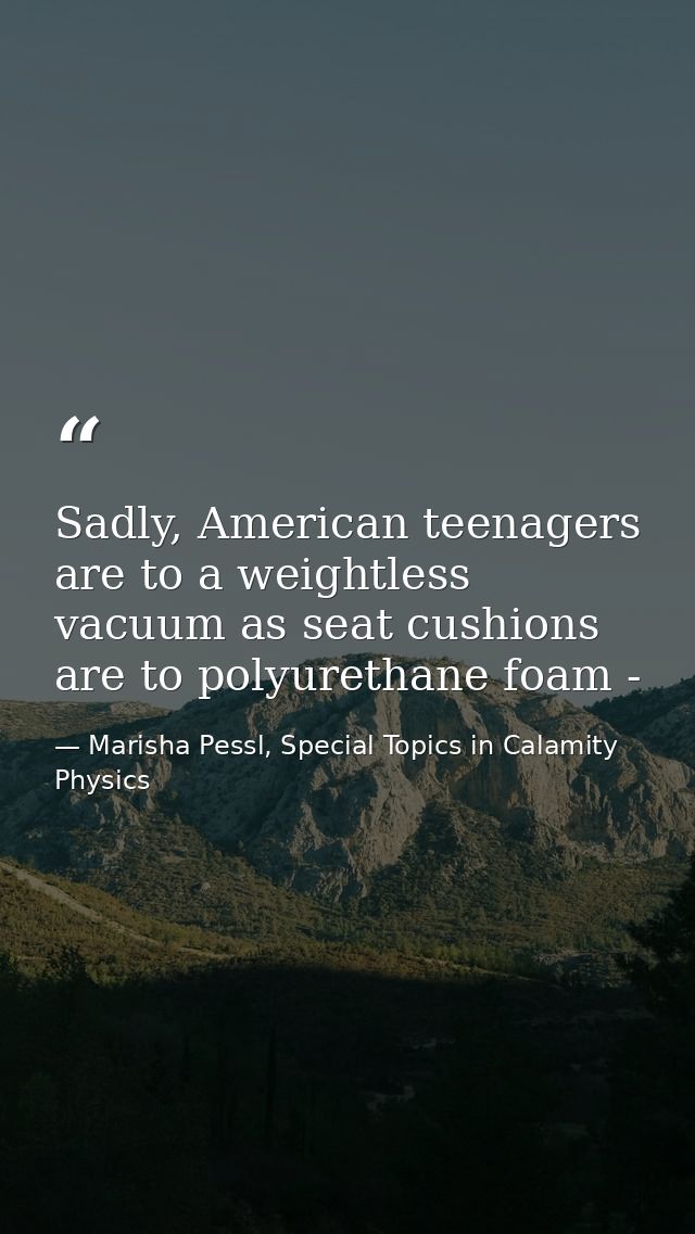 Sadly, American teenagers are to a weightless vacuum as seat cushions are to polyurethane foam - — Marisha Pessl, Special Topics in Calamity Physics