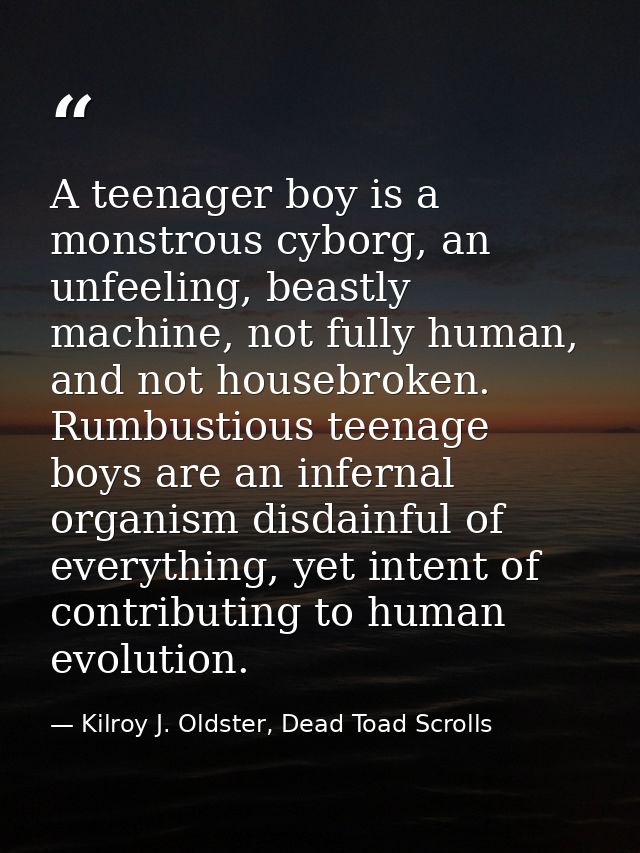 A teenager boy is a monstrous cyborg, an unfeeling, beastly machine, not fully human, and not housebroken. Rumbustious t — Kilroy J. Oldster, Dead Toad Scrolls