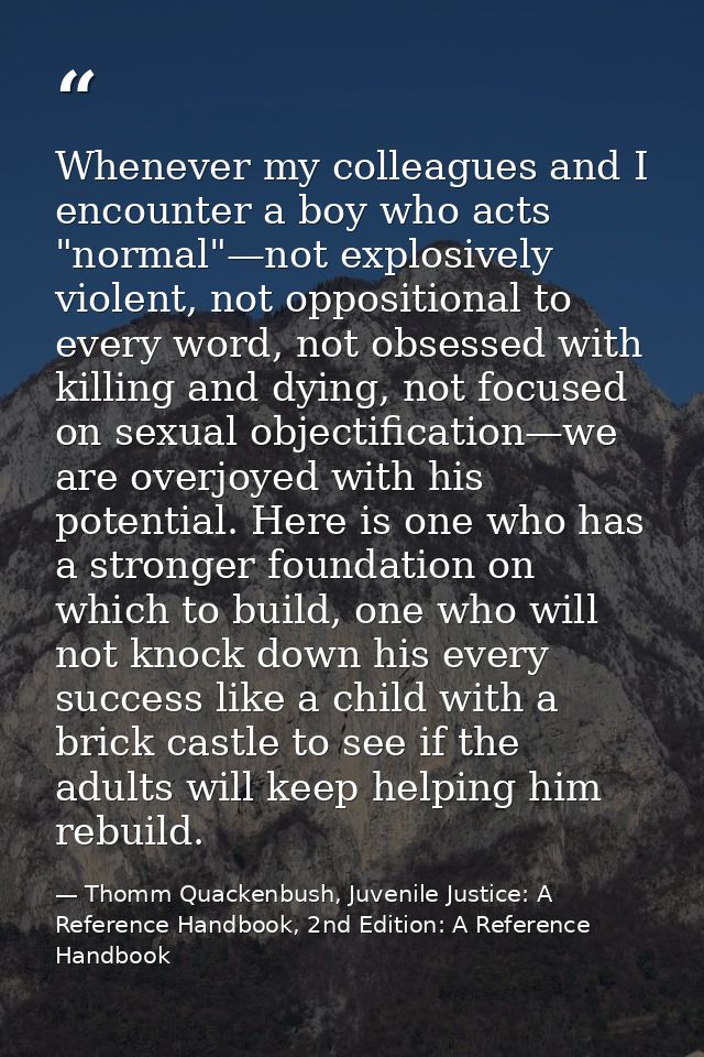 Whenever my colleagues and I encounter a boy who acts "normal"—not explosively violent, not oppositional to every word,  — Thomm Quackenbush, Juvenile Justice: A Reference Handbook, 2nd Edition: A Reference Handbook