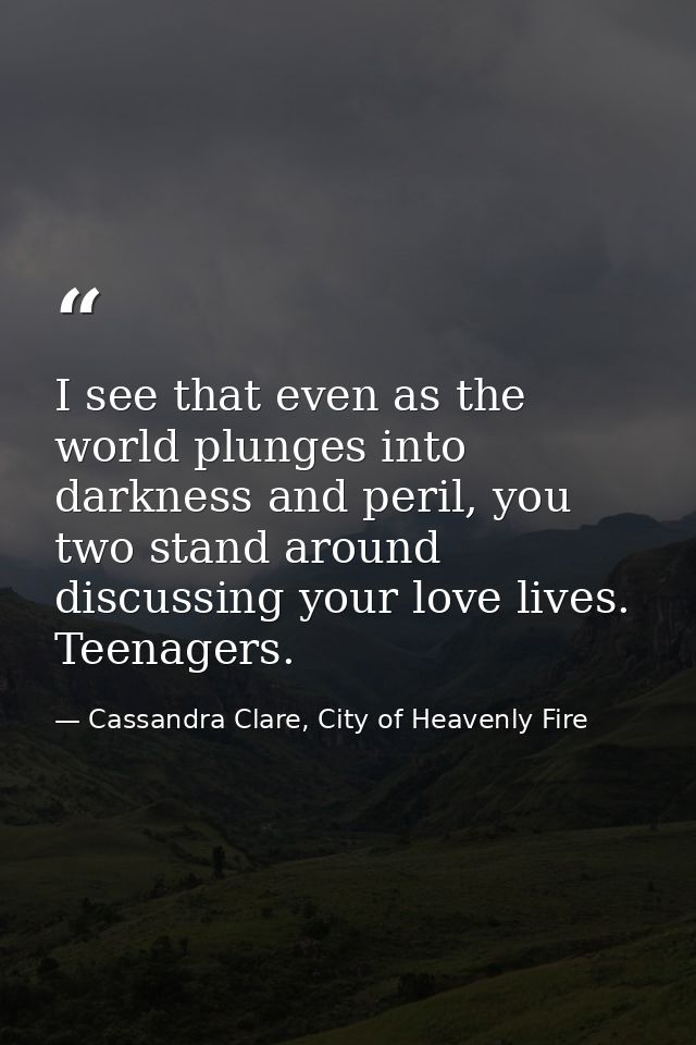 I see that even as the world plunges into darkness and peril, you two stand around discussing your love lives. Teenagers — Cassandra Clare, City of Heavenly Fire