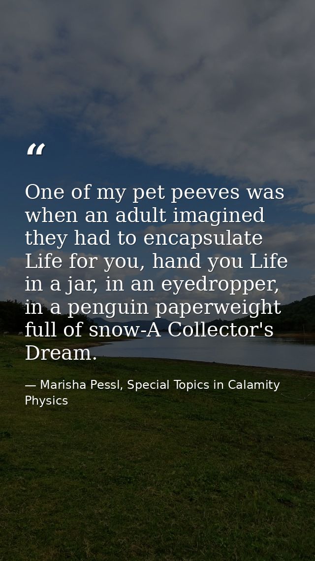 One of my pet peeves was when an adult imagined they had to encapsulate Life for you, hand you Life in a jar, in an eyed — Marisha Pessl, Special Topics in Calamity Physics