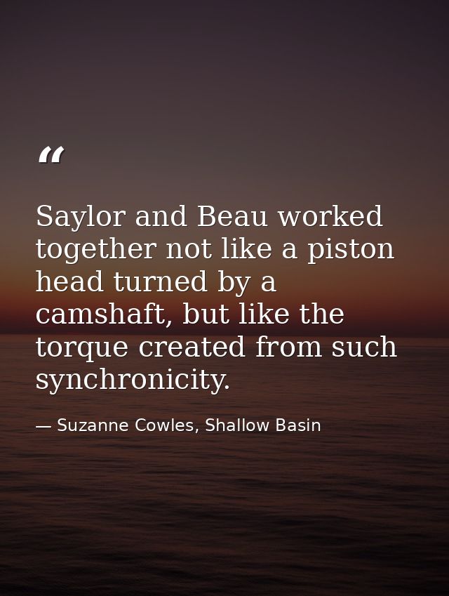 Saylor and Beau worked together not like a piston head turned by a camshaft, but like the torque created from such synch — Suzanne Cowles, Shallow Basin
