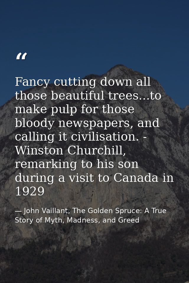 Fancy cutting down all those beautiful trees...to make pulp for those bloody newspapers, and calling it civilisation. -  — John Vaillant, The Golden Spruce: A True Story of Myth, Madness, and Greed
