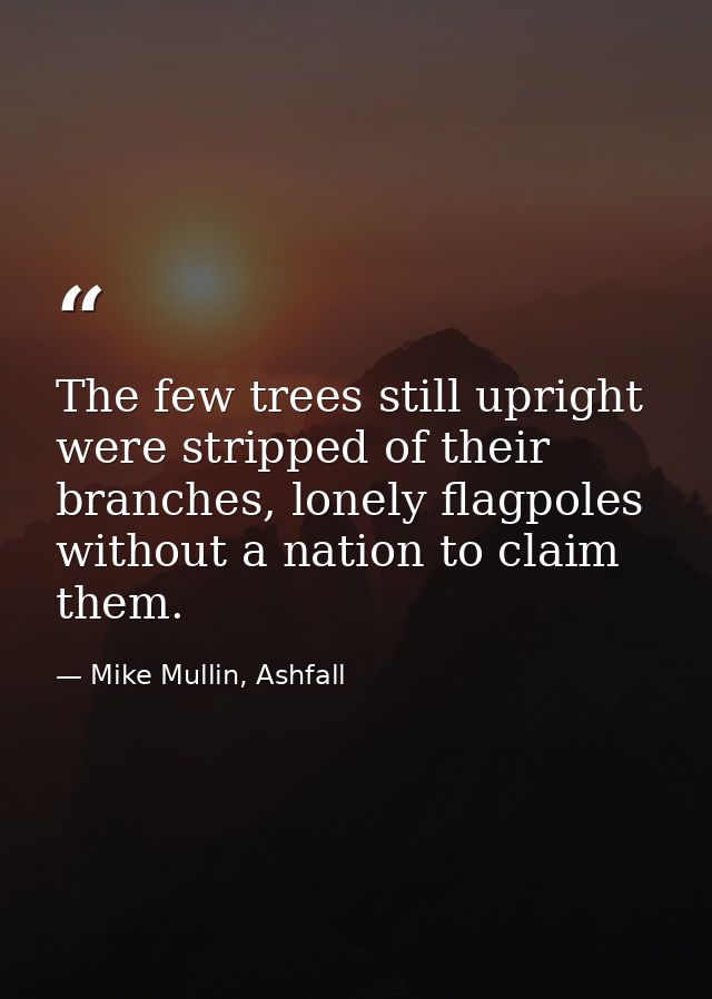 The few trees still upright were stripped of their branches, lonely flagpoles without a nation to claim them. — Mike Mullin, Ashfall