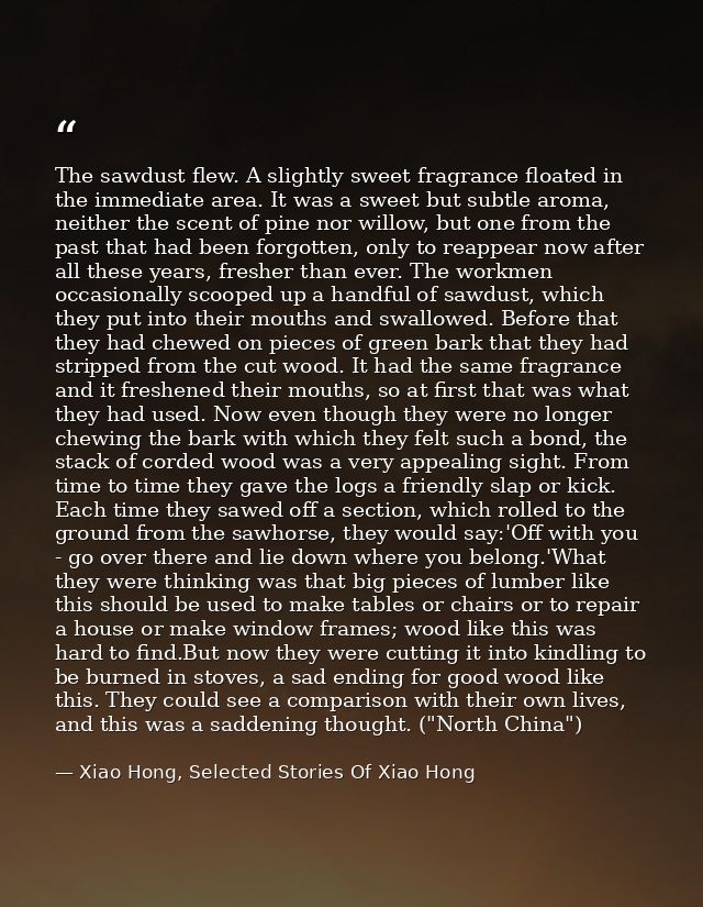 The sawdust flew. A slightly sweet fragrance floated in the immediate area. It was a sweet but subtle aroma, neither the — Xiao Hong, Selected Stories Of Xiao Hong
