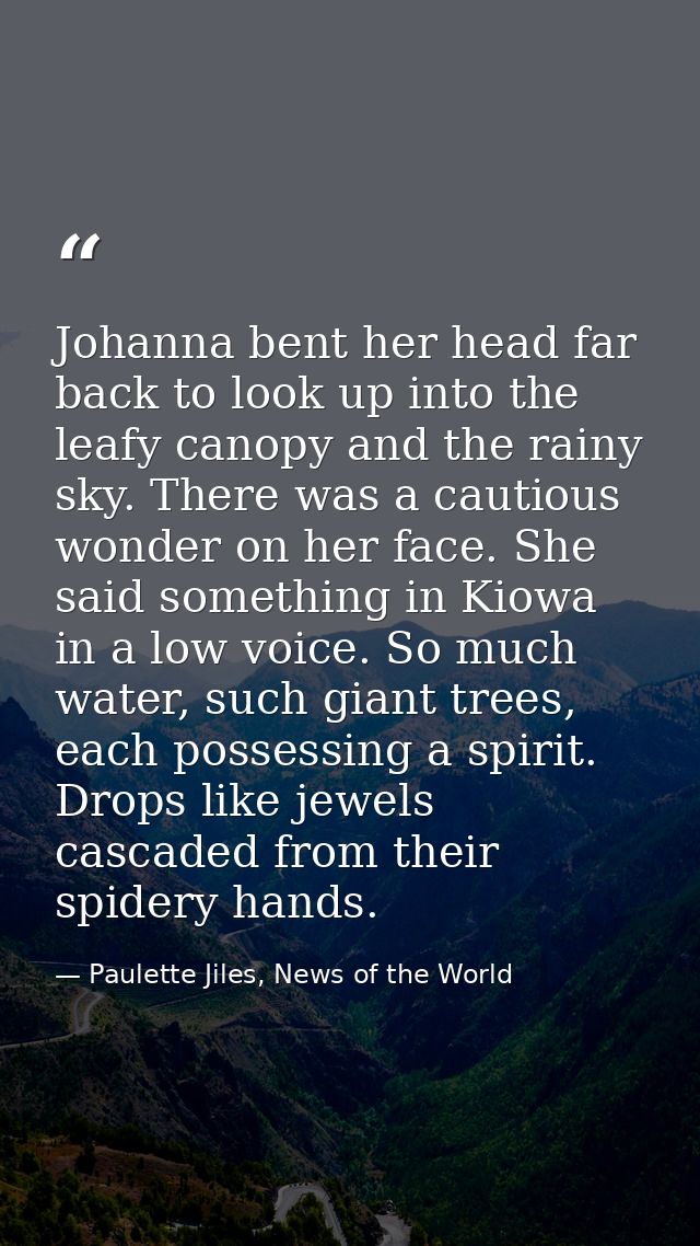 Johanna bent her head far back to look up into the leafy canopy and the rainy sky. There was a cautious wonder on her fa — Paulette Jiles, News of the World