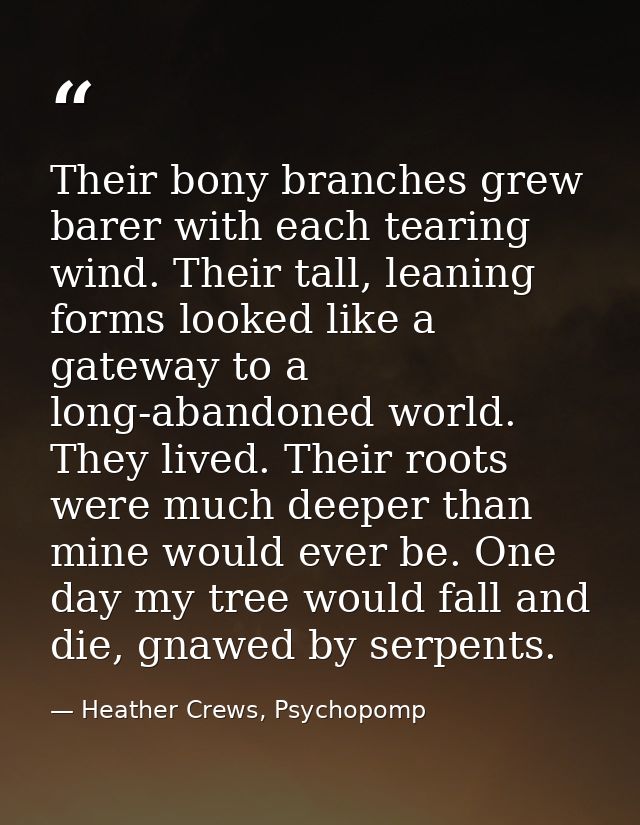 Their bony branches grew barer with each tearing wind. Their tall, leaning forms looked like a gateway to a long-abandon — Heather Crews, Psychopomp
