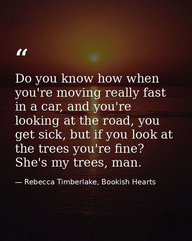 Do you know how when you're moving really fast in a car, and you're looking at the road, you get sick, but if you look a — Rebecca Timberlake, Bookish Hearts