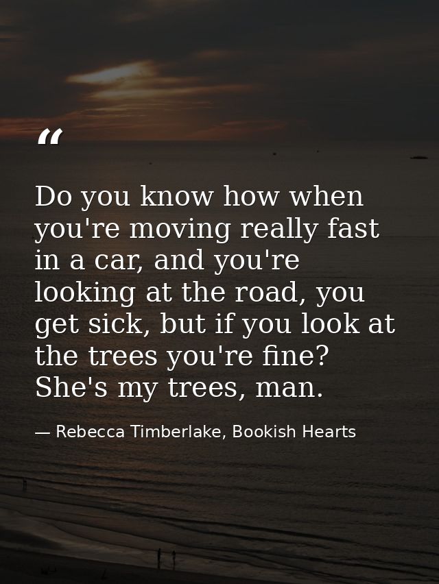 Do you know how when you're moving really fast in a car, and you're looking at the road, you get sick, but if you look a — Rebecca Timberlake, Bookish Hearts