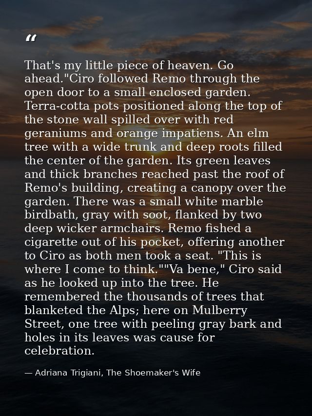 That's my little piece of heaven. Go ahead."Ciro followed Remo through the open door to a small enclosed garden. Terra-c — Adriana Trigiani, The Shoemaker's Wife