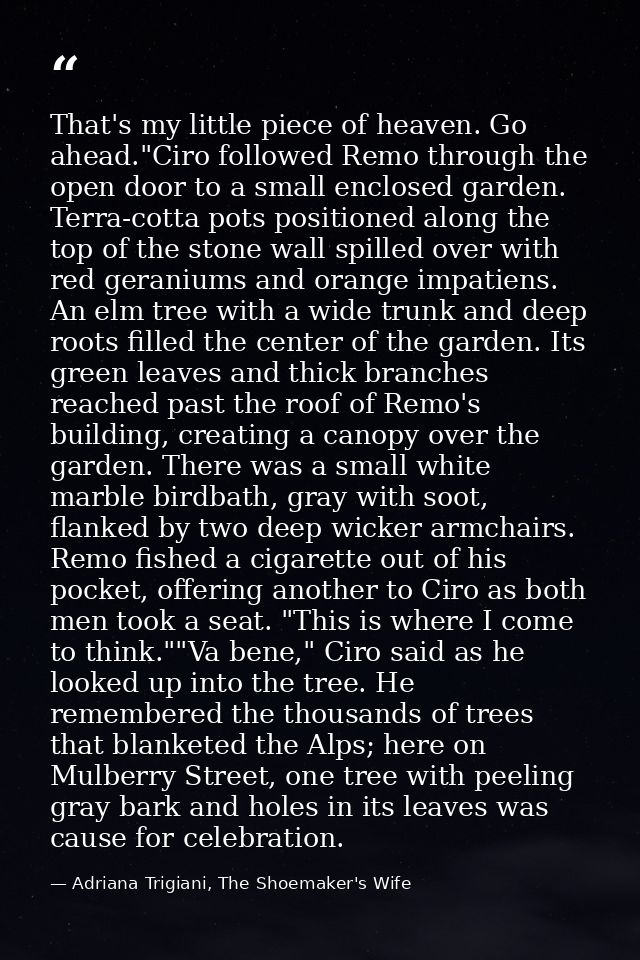 That's my little piece of heaven. Go ahead."Ciro followed Remo through the open door to a small enclosed garden. Terra-c — Adriana Trigiani, The Shoemaker's Wife