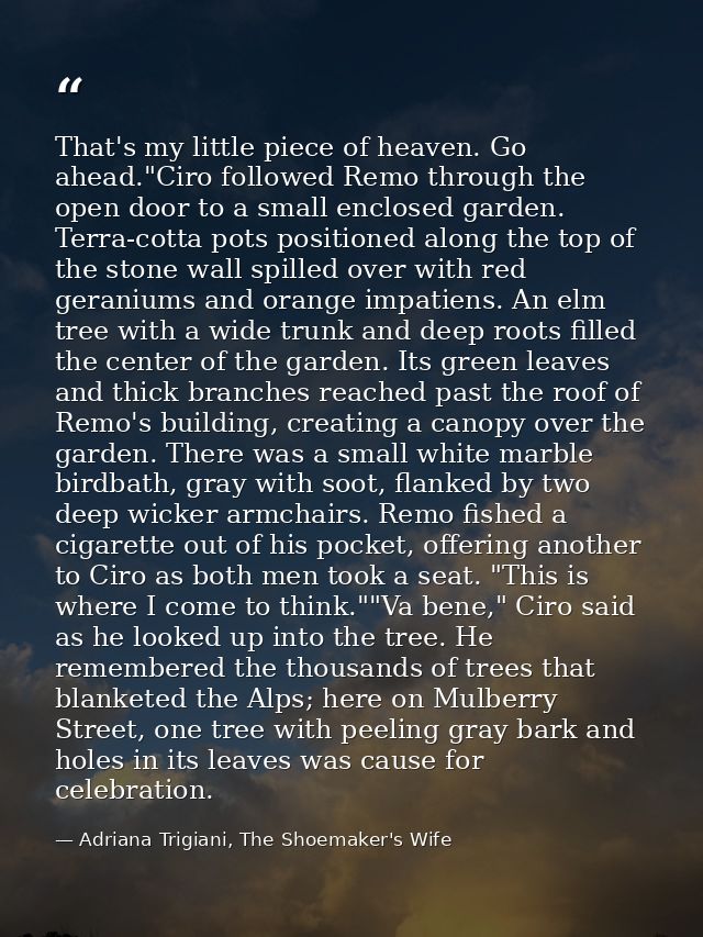 That's my little piece of heaven. Go ahead."Ciro followed Remo through the open door to a small enclosed garden. Terra-c — Adriana Trigiani, The Shoemaker's Wife
