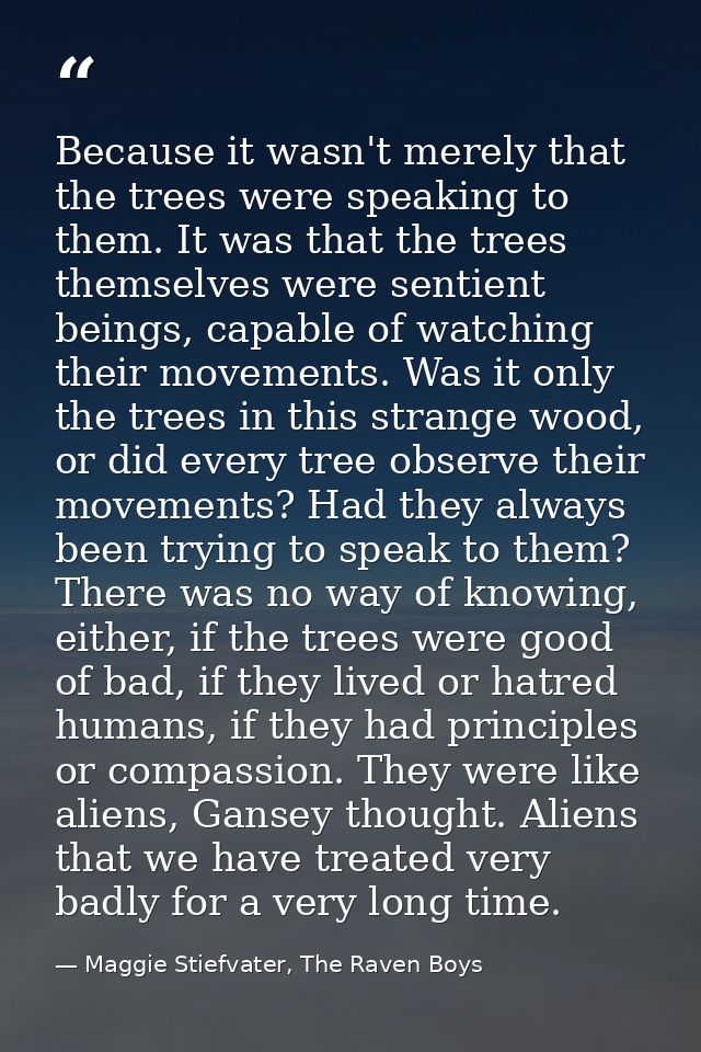 Because it wasn't merely that the trees were speaking to them. It was that the trees themselves were sentient beings, ca — Maggie Stiefvater, The Raven Boys