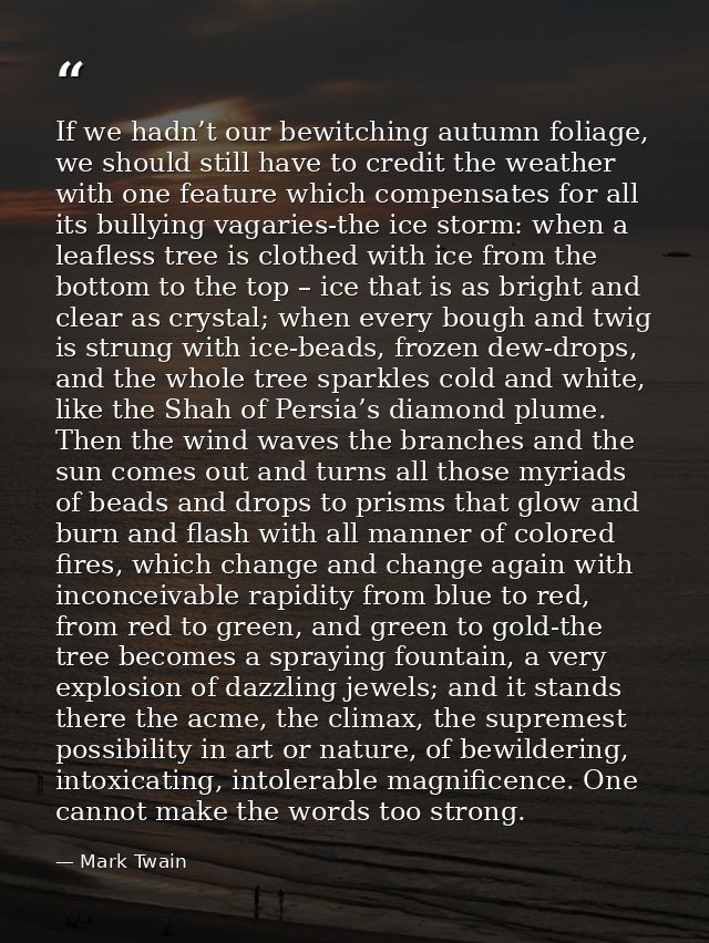 If we hadn’t our bewitching autumn foliage, we should still have to credit the weather with one feature which compensate — Mark Twain