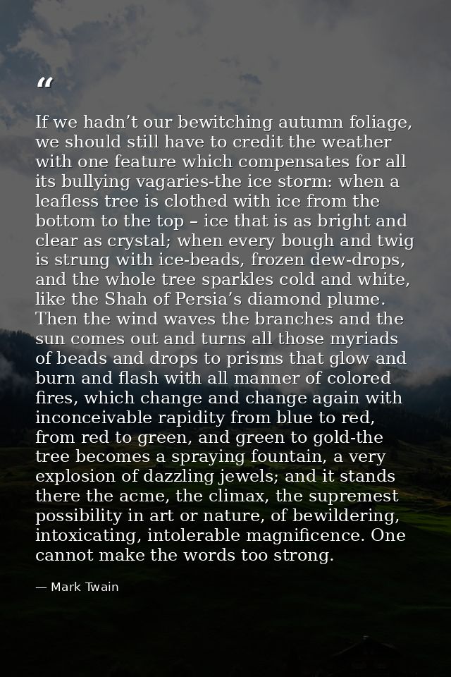 If we hadn’t our bewitching autumn foliage, we should still have to credit the weather with one feature which compensate — Mark Twain