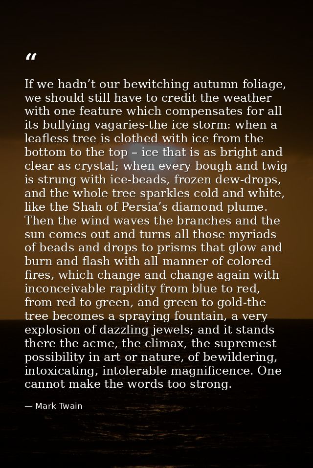If we hadn’t our bewitching autumn foliage, we should still have to credit the weather with one feature which compensate — Mark Twain