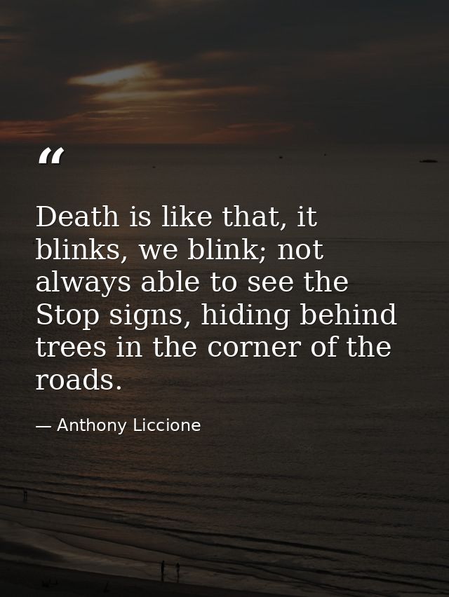 Death is like that, it blinks, we blink; not always able to see the Stop signs, hiding behind trees in the corner of the — Anthony Liccione