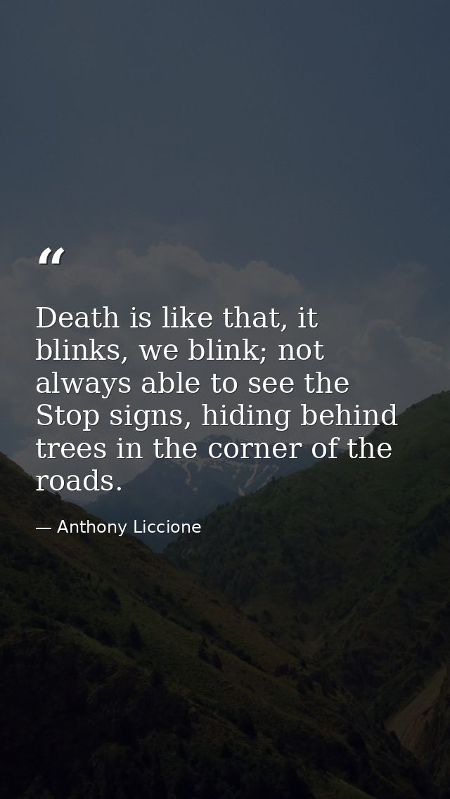 Death is like that, it blinks, we blink; not always able to see the Stop signs, hiding behind trees in the corner of the — Anthony Liccione