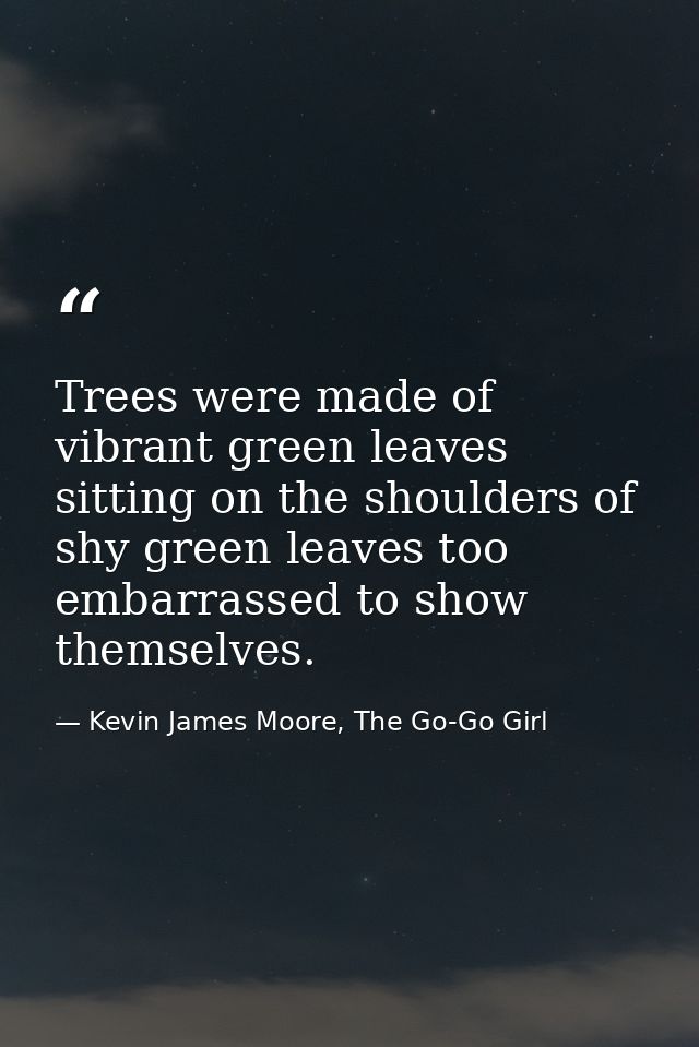 Trees were made of vibrant green leaves sitting on the shoulders of shy green leaves too embarrassed to show themselves. — Kevin James Moore, The Go-Go Girl