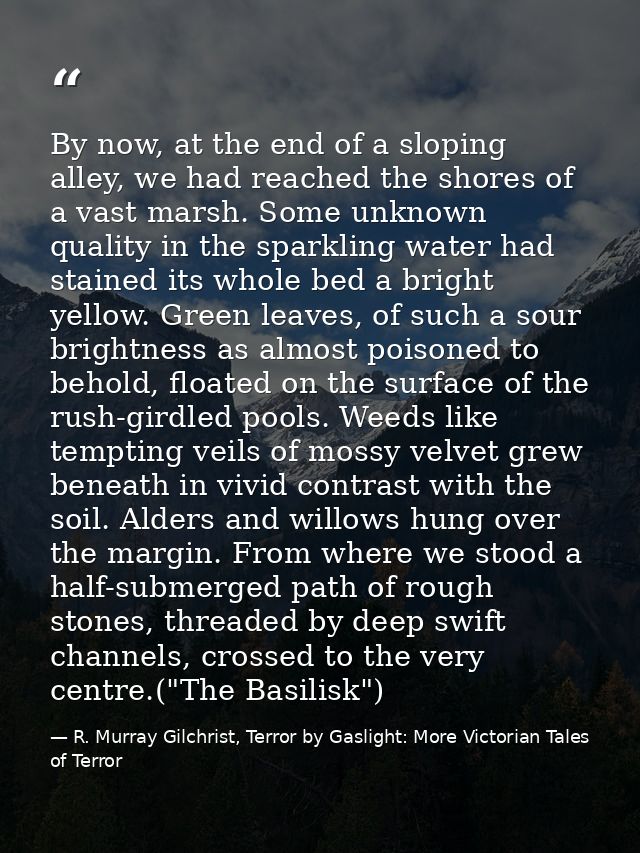 By now, at the end of a sloping alley, we had reached the shores of a vast marsh. Some unknown quality in the sparkling  — R. Murray Gilchrist, Terror by Gaslight: More Victorian Tales of Terror