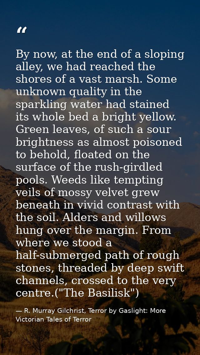 By now, at the end of a sloping alley, we had reached the shores of a vast marsh. Some unknown quality in the sparkling  — R. Murray Gilchrist, Terror by Gaslight: More Victorian Tales of Terror