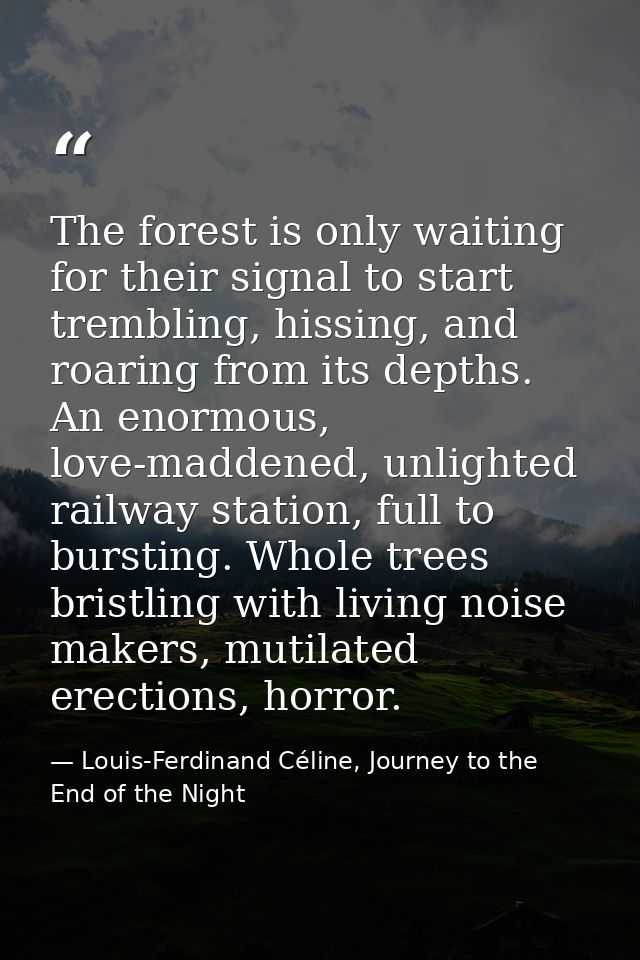 The forest is only waiting for their signal to start trembling, hissing, and roaring from its depths. An enormous, love- — Louis-Ferdinand Céline, Journey to the End of the Night