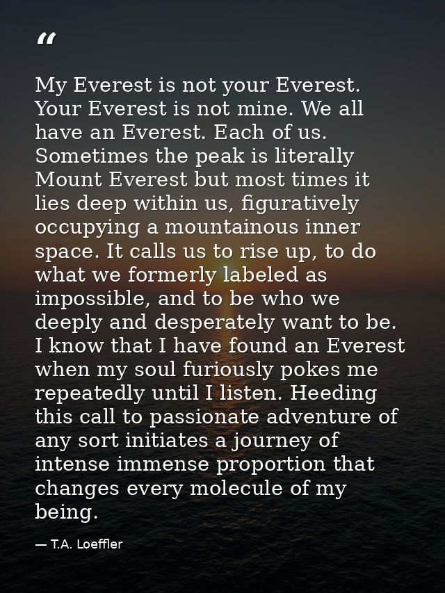 My Everest is not your Everest. Your Everest is not mine. We all have an Everest. Each of us. Sometimes the peak is lite — T.A. Loeffler