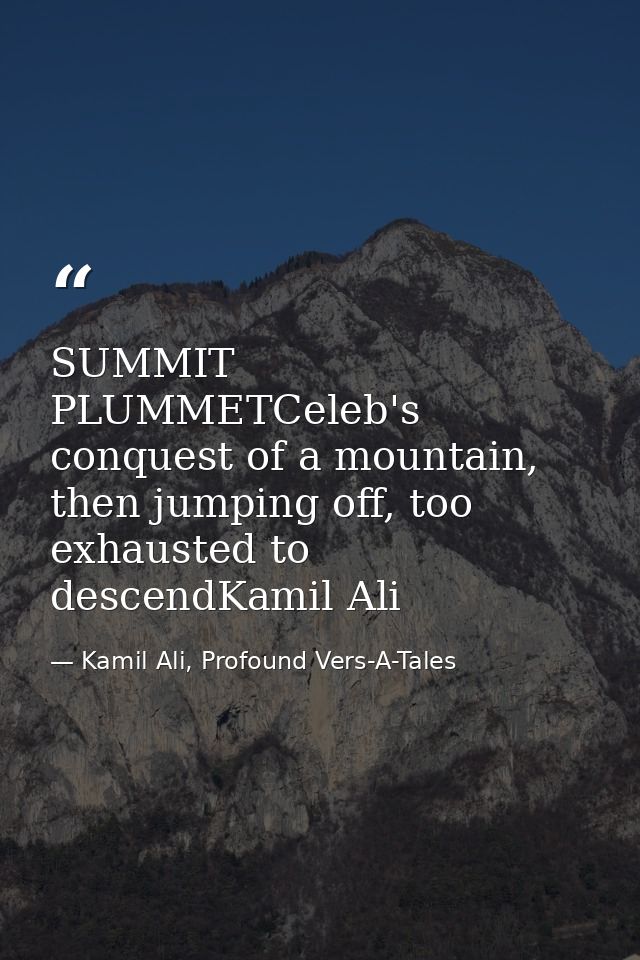SUMMIT PLUMMETCeleb's conquest of a mountain, then jumping off, too exhausted to descendKamil Ali — Kamil Ali, Profound Vers-A-Tales