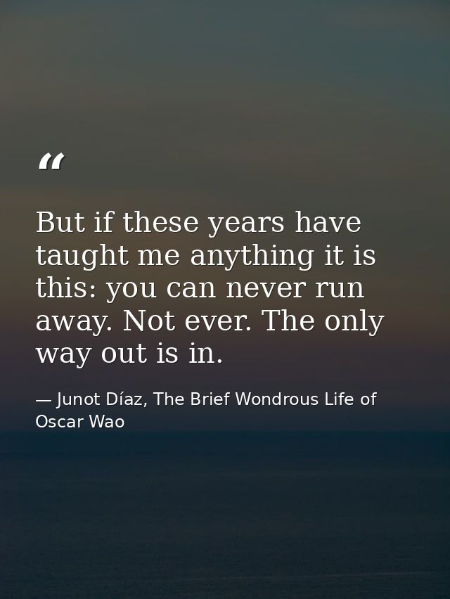 But if these years have taught me anything it is this: you can never run away. Not ever. The only way out is in. — Junot Díaz, The Brief Wondrous Life of Oscar Wao