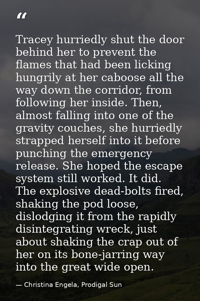 Tracey hurriedly shut the door behind her to prevent the flames that had been licking hungrily at her caboose all the wa — Christina Engela, Prodigal Sun