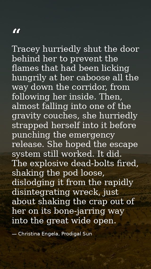 Tracey hurriedly shut the door behind her to prevent the flames that had been licking hungrily at her caboose all the wa — Christina Engela, Prodigal Sun